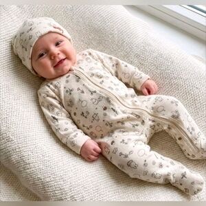 New MIFFY 3M Beige Bunny Mushroom Puppy Girls 2 Piece Footie Zip Sleeper & Hat